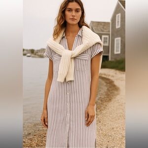 Pure Navy white blue stripe linen shirt dress size medium  midi length slits